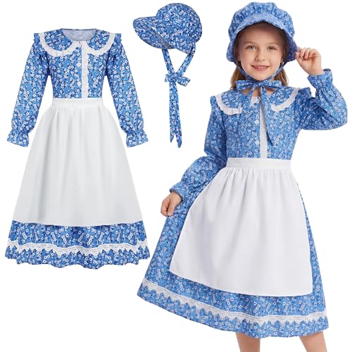 Disfraz de niña pionera con vestido y delantal azul miniatura 1