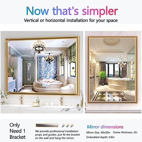 Vosuja 40 X 30 Inch Bathroom Mirrors For Wall, Gold Wall Mirror, Modern Vanity Mirror, Rectangluar Right Angle Metal Framed Mirror (Horizontal/Vertical) #TOP3