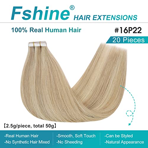 Fshine Real Human Hair Extensions Tapes 16 Inch Tape in Hair Extensions Dark Blonde Highlighted Bleach Blonde 50 g 20 Pieces - Image 2