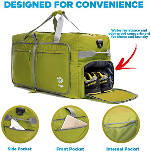 Bago Travel Duffel Bags For Traveling Women & Men - Foldable Weekender Duffle Bag With Shoes Compartment - 100L X-Large Duffle Bag For Travel & Camping - Packable Lightweight Duffle Bags (Green) #TOP4