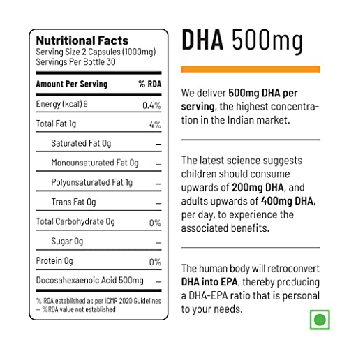 Image of Unived OVEGHA Plant-Based Omega-3 DHA | 1000mg Algae Oil 500mg DHA Per Serving | for Heart, Hair, Skin, Joint, Brain & Eye Health | 60 Vegan Capsules