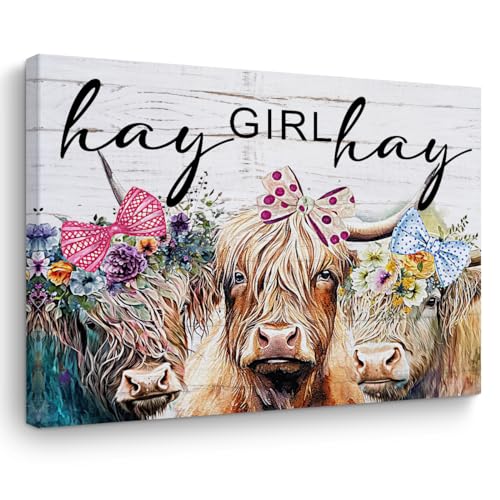 Image of Highland Cow Wall Art Farmhouse Wall Decor Cute Cow Gifts Bedroom Decor Retro Cow With Garland Wall Art Funny Artwork Print Used in Bathroom Office Kitchen Dining Room Decoration 15" x 11.4"