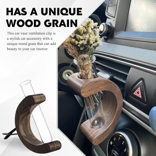 Image of Little Glass Flower Vase Air Vent Clip, Car Flower Vent Clip, Cars Vase Vent Clip Plant Holder, Universal Auto Interior Wooden Ornament Decoration Accessories for Women (Black Walnut)