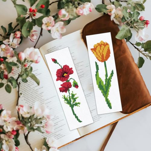 Image of BEUNITONE 6 Pcs Flower Bookmark Cross Stitch Kits DIY Stamped Embroidery Bookmark Kit for Adults Beginner with Instructions Vivid Floral Cross Stitch Kits for DIY Crafts Book Lovers Gifts 2.4x8 in