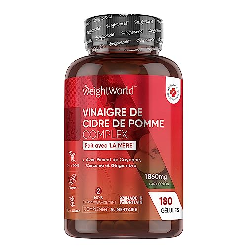 Vinaigre De Cidre De Pomme 1860mg - 180 Gélules Vegan Pour 2 Mois - Complexe Fort Enrichi en Probiotiques, Gingembre, Piment de Cayenne, Curcuma - Vinaigre de Pomme Puissant Diet Sans Gluten Keto