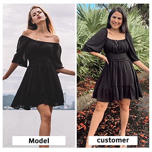 Exlura Women's Lantern Sleeve Tie Back Casual Dresses Ruffled Off Shoulder A-Line Vintage Mini Dress Black #TOP7