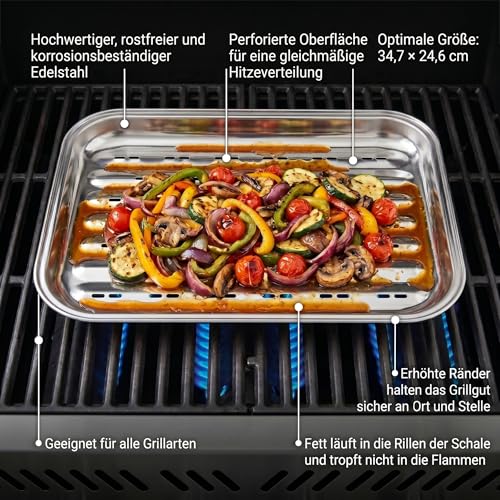 Gardenko Grillschale aus Edelstahl 34,7 x 24,6 cm - Wiederverwendbarer Grillkorb für Gas-, Elektro- und Holzkohlegrill - Ideal für Gemüse, Fleisch und Fisch