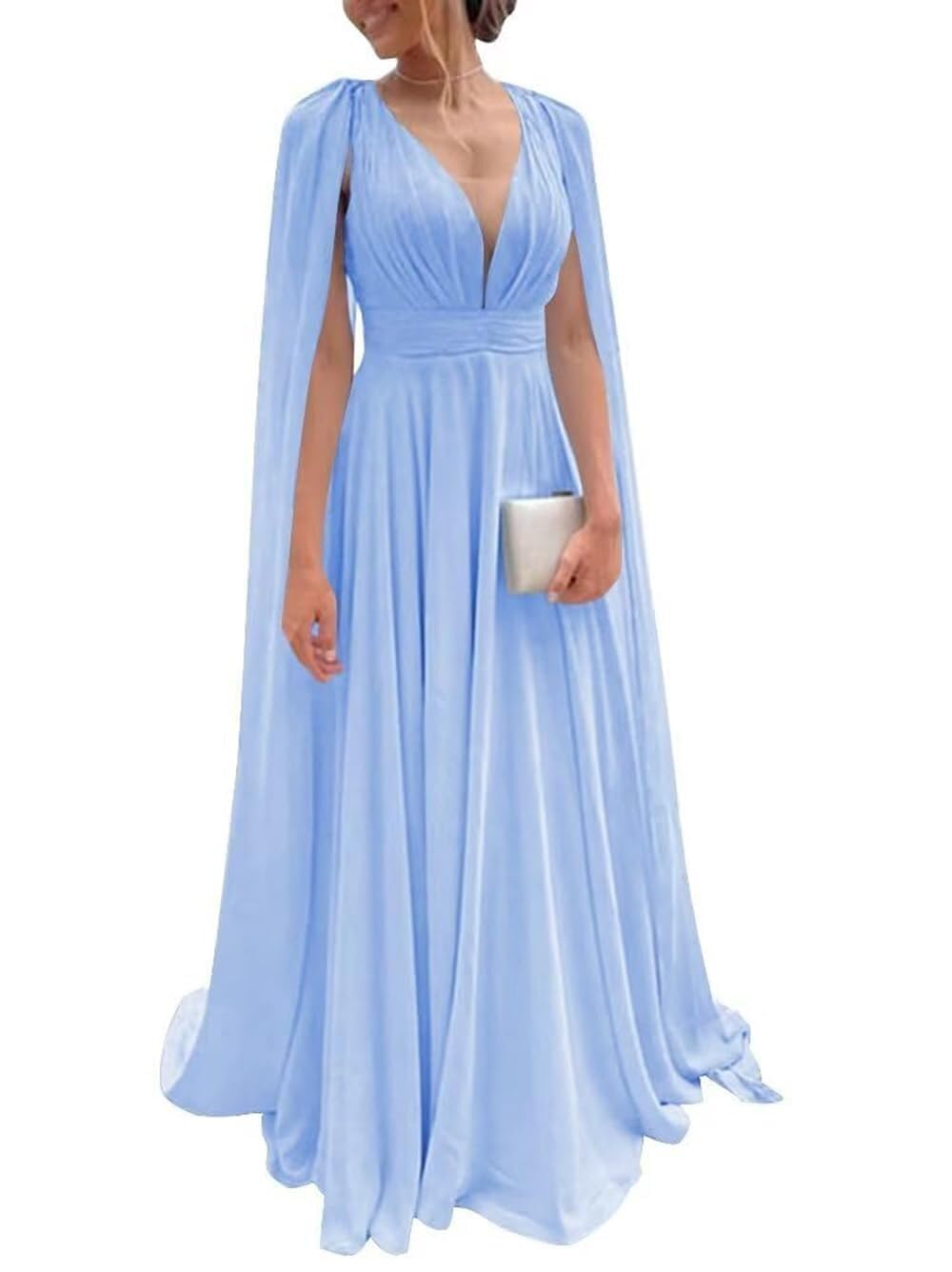 Chiffon Bridesmaid Dress for Women Cape Sleeve V-Neck Formal Evening Gowns with Pocket LBC020