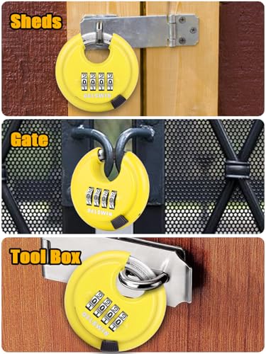 Image of DELSWIN 4 Digit Combination Disc Padlock with Hardened Steel Shackle Combo Lock for Sheds, Storage Unit, School Gym Locker and Fence (Yellow,1Pcs)