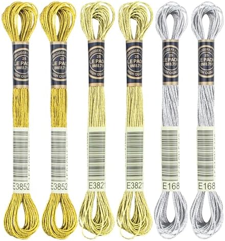 6 Skeins Embroidery Thread, 3 Colors Metallic Embroidery Floss Set, Polyester Cross-Stitch Threads for Hand Embroidery, String Art
