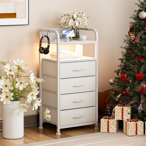 チェスト 棚付き 収納チェスト タンス LEDライト付き キャビネット引き出し 洋服収納 箪笥リビング収納 布製引き出し 寝室収納ケース USBポート 衣類収納 軽量 コンパクト 省スペース 薄型 スリム 木製天板 転倒防止 組み立て簡単 2段階棚 (ホワ