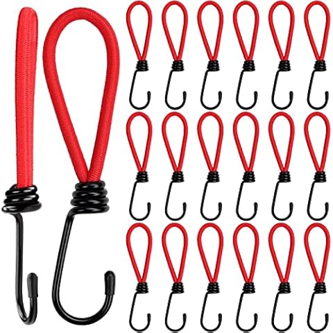 Belle Vous Pack de 20 Cordel Rojo Elástico Expansor Bungee Pulpo Elástico Ganchos de Metal Gomas para Baca 15 cm Bucle Resistente para Lona, Acampar y Tiendas, Toldos - Tensores Lona Cover