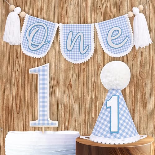 Boys First Birthday Party Decoration /Set of 3, Blue Gingham ONE High Chair Banner, Party Hat with Pom Pom , 1st Birthday Cake Topper,Neutral Gingham Garland for Baby Shower Photo Props