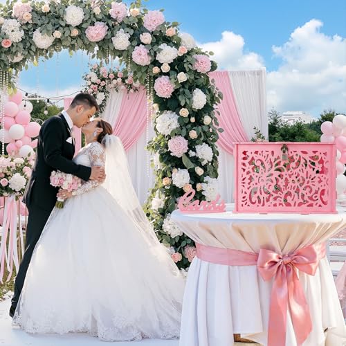 Image of Pink Wedding Card Box with Lock, PVC Gift Card Box for Wedding Reception Decorations, Exquisite DIY Money Envelope Card Box for Party Graduation Birthday Baby Shower Wedding Decor