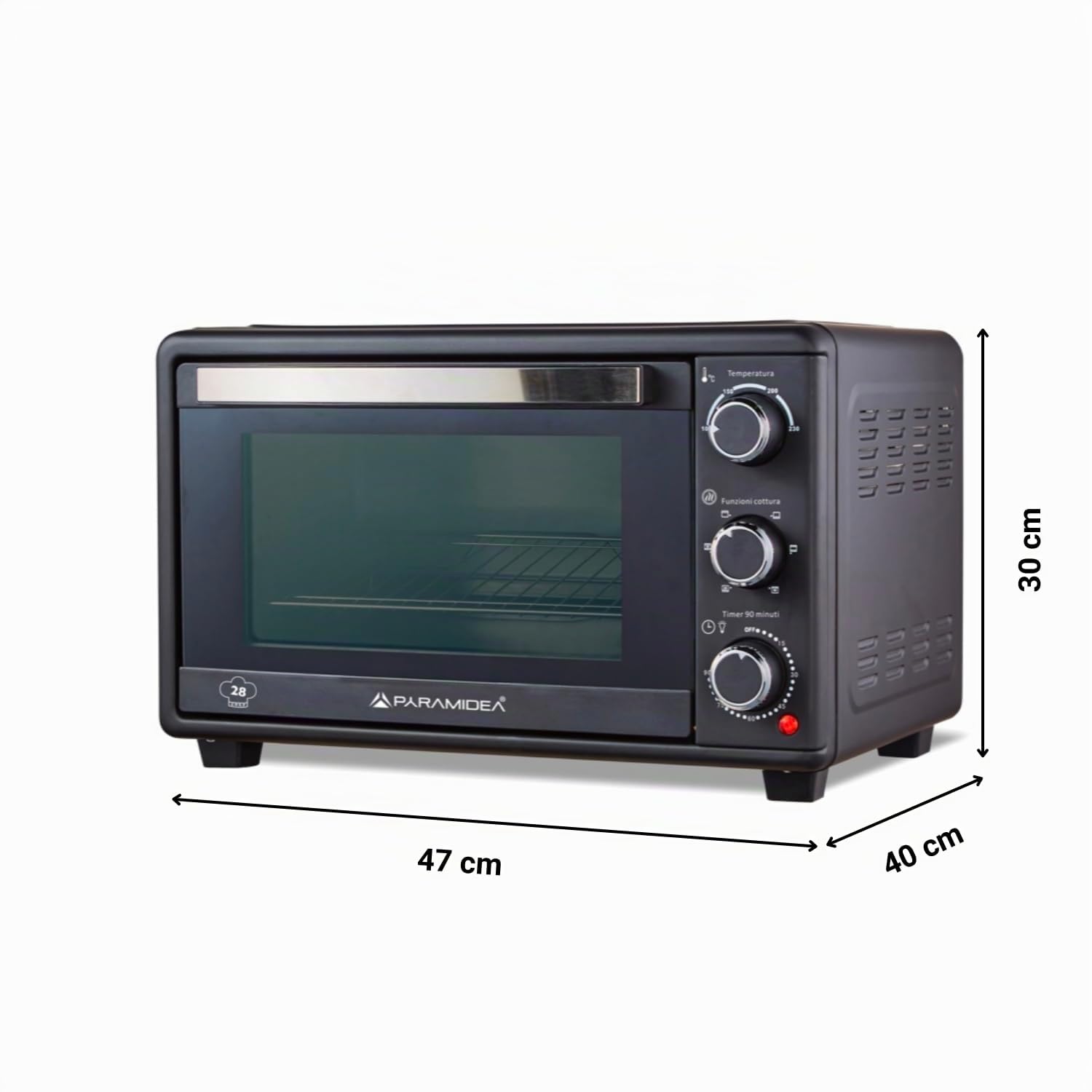 Four électrique ventilé, capacité 28 litres 1500 W, le seul four avec plaque de cuisson iN en acier inoxydable qui cuit mieux est lavable au lave-vaisselle des milliers de fois, parois antiadhésives