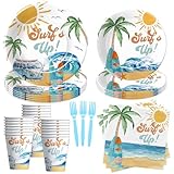 APOWBLS Surf Party Decorations Tableware For Boys - Surf's Up Birthday Party Supplies, Paper Plate, Cup, Napkin, Disposable Fork, Summer Hawaiian Beach Wave Surfing Birthday Decorations | Serve 24