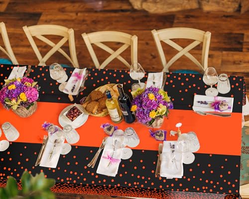Image of Oudain 6 Pcs Black and Orange Plastic Tablecloth for Parties, Disposable Orange Polka Dot Tablecloths, Waterproof Rectangle Table Cover for Graduation Birthday Wedding Party Decorations, 54 inch x 108 inch