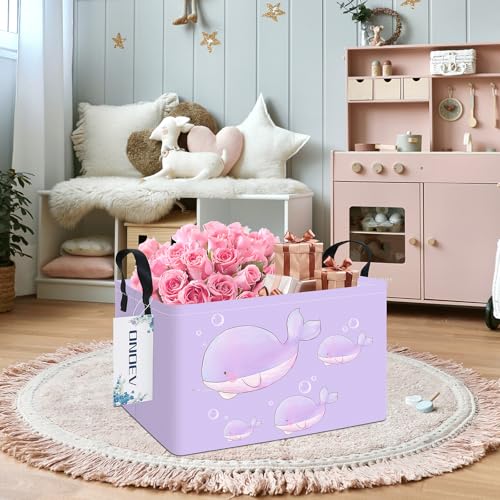 Image of Rectangular Purple Whale Waterproof Collapsible Storage Bin Organizer | stain-proof canvas, reinforced handles, planet print for laundry, study, living room, hallway, closet and playroom