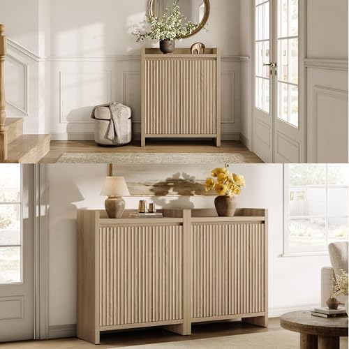 Image of SICOTAS Shoe Cabinet - Fluted Shoe Storage Cabinet for Entryway, 48-Pair Shoes Organizer with Doors & Adjustable Shelves, 2 Pieces Large Shoes Rack Entrance Storage Cabinet for Hallway, Living Room