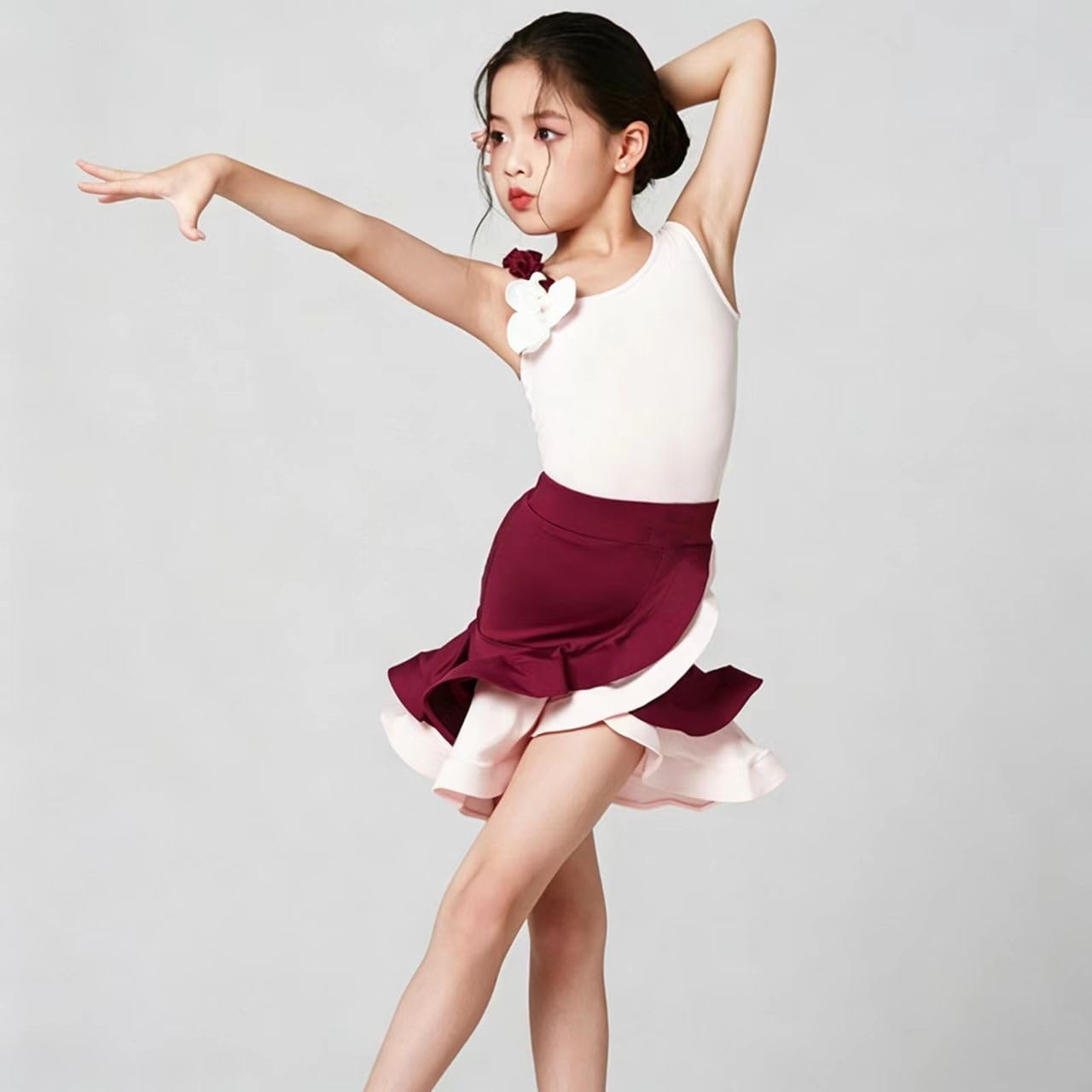 Vestito Ballo Latino Bambina Bicolore Abbigliamento Pratica Danza Gonna Asimmetrica per Allenamento E Saggio