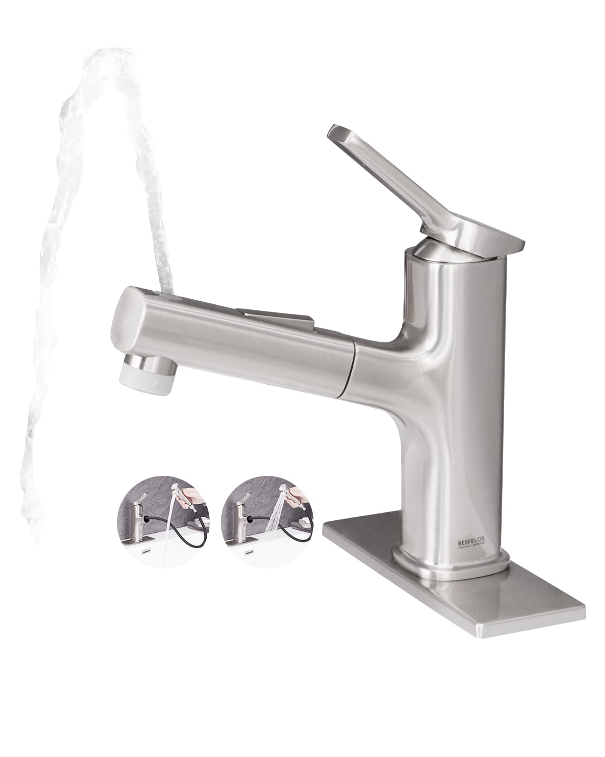 Pull Out Bathroom Faucet, Single Handle Bathroom Sink Faucet with Pull Out Sprayer, Bathroom Faucet for Sink, with Pop-up Drain &amp; Deck Plate 1 or 4-inch Centerset 3 Hole, Brushed Nickel