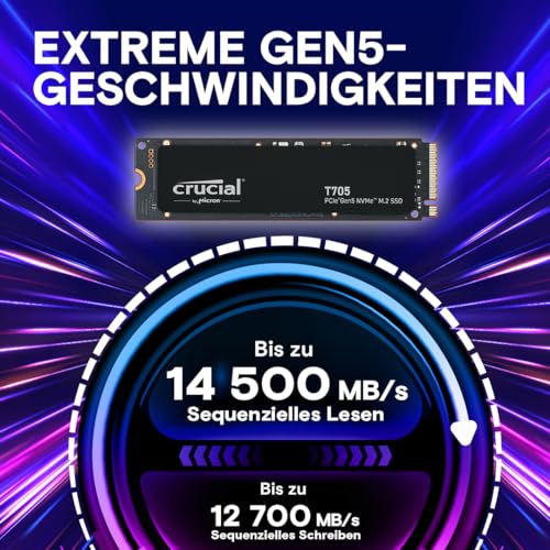 Crucial T705 2TB SSD PCIe Gen5 NVMe M.2, bis zu 14.500MB/s, Microsoft DirectStorage, PCIe 4.0 abwärtskompatibel, Interne Solid State Drive - CT2000T705SSD3