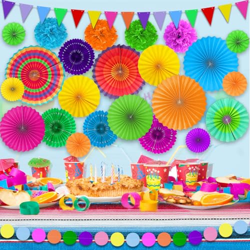 Image of TURNMEON 32 Pcs Fiesta Party Decorations, Mexican Party Decorations 26 Colorful Hanging Paper Fans 4 Pom Poms Pennant Garland String for Mexican Decorations Photo Props Carnival Birthday Taco Tuesday