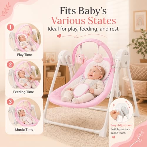 Image of Baby Swing SpaceSaver Ultra-Compact Foldable Infant Swing (Fits in 5.3 inch Gaps!) 6 Speed Modes | Portable Newborn Swing for Travel /Car /Picnic (0-6M, 6-20lbs Pink)