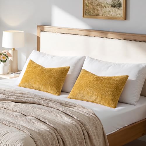 Image of MIULEE Pack of 2 Gold Lumbar Throw Pillow Covers 20x12 Inch Mustard Yellow Summer Modern Boho Decorative Pillow Covers Soft Chenille Farmhouse Cushion Covers for Home Decor Couch Bed Sofa Living Room