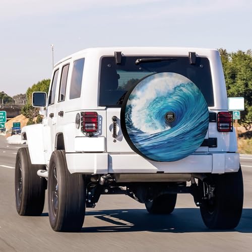 Image of Beach Summer Wave Ocean Blue Spare Tire Cover with Backup Camera Hole Wheel Tire Cover Fit Trailer, RV, SUV and Many Vehicle 17inch