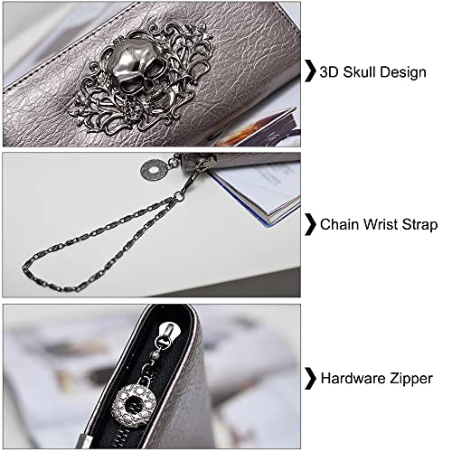 Skull Wallets for Women Zipper Wallet Shiny Faux Leather Clutch Handbags Chian Wristlets Bag Card Pockets Long Cion Purse-Rose red2