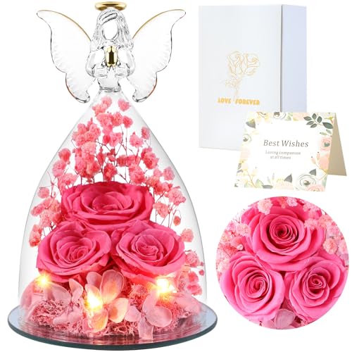 FRFG Regalos de Angel Rosa Eterno para Mujeres, Regalo para Mujeres, Rosas Preservadas en Figuras de Angel de Vidrio, Angeles de Flores para Mamá, Abuela, Esposa, Hermana, Novia (Rosa)