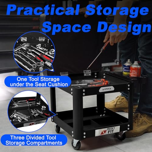 Image of Rolling Creeper Garage Shop Seat for Men, Padded Mechanics Stool with Tool Tray Storage for Garage, Rolling Workshop Stool with Wheels, Auto Creeper Seat, 330 LBS Capacity, Heavy Duty, Black