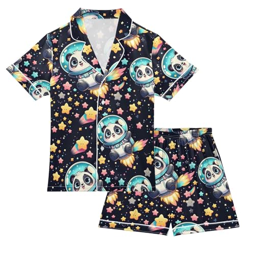 ALAZA Cartoon Space Panda Star Pajamas Satin Pajama Set Short Sleeve Button Down Sleepwear