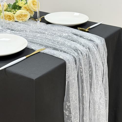 AerWo 2 Pcs Silver Table Runner 10FT, Boho Foil Glitter Sheer Sequin Table Runners 120 Inches Long, Wedding Centerpiece Table Decorations for Party Supplies Bridal Baby Shower Birthday Decorations