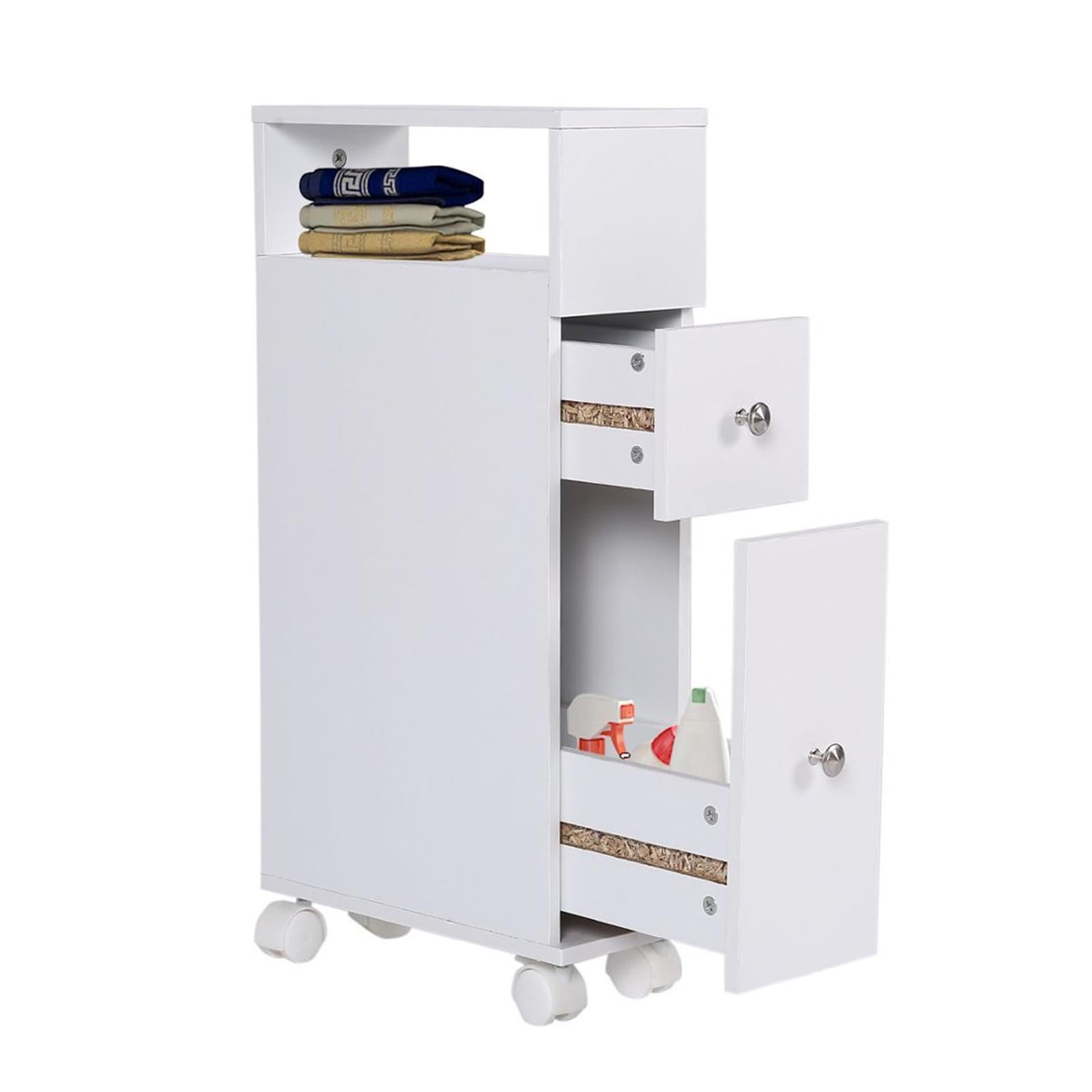 Ease Badezimmerschrank klein, Badschrank schmal, Kleiner Schrank für Toilettenpapier, Toilettenschrank mit Schubladen, Aufbewahrungsschrank stehend, für kleine Räume, weiß 15 x 33 x 65 cm
