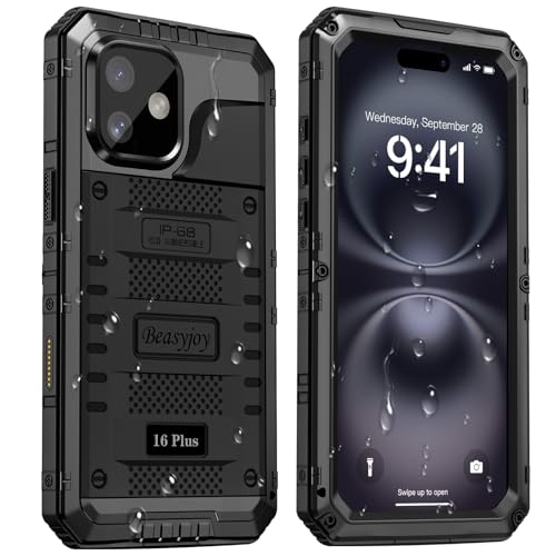 Beasyjoy for iPhone 16 Plus Case Waterproof Metal Heavy Duty Full Body Protective Case with Built-in Screen Protector Military Grade Shockproof Defender Cover for iPhone 16 Plus 6.7 Black