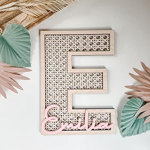 Custom Boho Wood Personalized Initial & Name Sign, 3D Layered Letter Handmade Rattan Wall Decor for Nursery or Child's Bedroom - Baby Shower, Newborn, Girl or Boy's Birthday Gift Cover