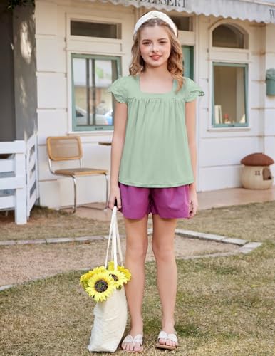 Image of Arshiner Girls Shirts Short Sleeve Square Neck Summer Lace Openwork Pleated Tops Blouse Tunic