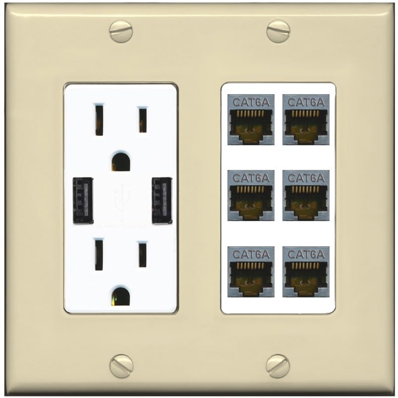 RiteAV - 6 Port Cat6A Ethernet Wall Plate - USB Outlet [White]