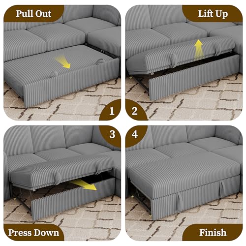 Image of 83.5 inch Corduroy Sectional Sleeper Sofa, Pull Out Couch with Storage, Gray | 5 Seat Comfy Couches for Living Room, Apartments, or Guest Spaces; Sectionals Modular Sofa Design, Comfortable Seating.