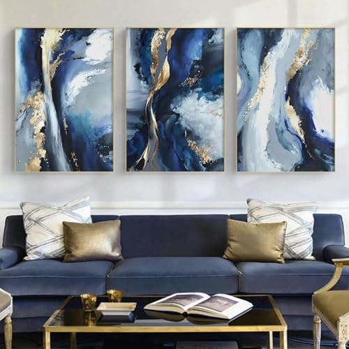JCSMHVLA Blue White and Gold Abstract Canvas Wall Art for Living room Bedroom Home Decor Blue and White Abstract Canvas Prints Painting Navy Modern Pictures Wall Decor 16x24inx3pcs No Frame