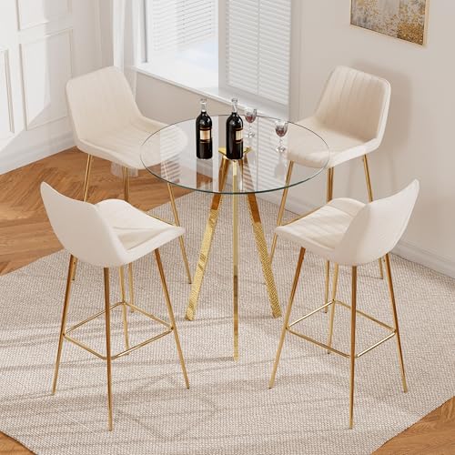 Image of 5-Piece Bar Table Set with 4 Bar Stools, 31.5 inch Round Pub Table and 30 inch Velvet Bar Stools with Glod Metal Legs, for Small Spaces, Apartments, and Bistros (Beige)