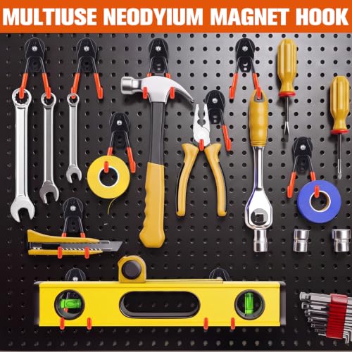 Image of Landhoow 30 Pcs Large Magnetic Hooks Heavy Duty Garage Magnet Hooks Strong Storage Utility Magnetic Hangers with Anti Slip Rubber Coating for Indoor and Outdoor Hanging (Orange)