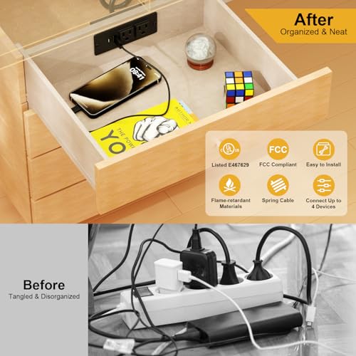 Exqutoo Drawer Outlet Kit, Toma de Cajón Empotrado con 4 Tomas de Corriente | Regleta de Energía Ordenada, 2 Puertos AC de 12 Amp, USB-A y USB-C, Cable de 6.9 pies con Resortes, Certificado UL miniatura 5