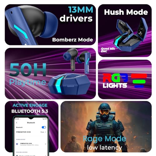 HOPPUP Xo6 Gaming Earbuds with 35MS Low Latency, RGB LED, 13MM Drivers & 50H Playtime Bluetooth (Cobalt Blue, True Wireless) view 2