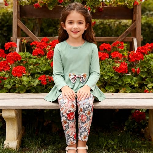 Image of Kids Toddler Girls Clothing Set Long Sleeve Top With Bowknot ＋Floral Print Pants 2 Pcs Fall Outfits Set