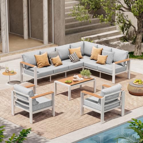 Image of Aluminum Outdoor Patio Furniture Set, 8 Seats Patio Conversation Sets, Oversized Outdoor Sectional with Washable Thick Cushions & Coffee Table for Backyard, Garden and Poolside, White