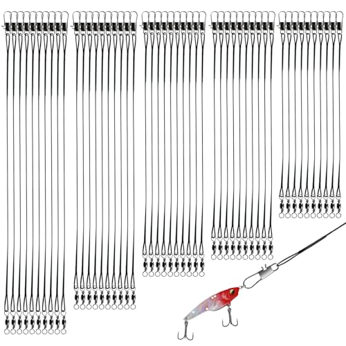 CATELL 100 Stück Stahlvorfach Hecht Stahlvorfächer mit Wirbel & Karabiner 5 Größen Edelstahl Vorfach Angeln 10/15/20/25/30cm Spinnvorfach Vorfach Angelvorfächer für Süßwasser Salzwasser (Schwarz)