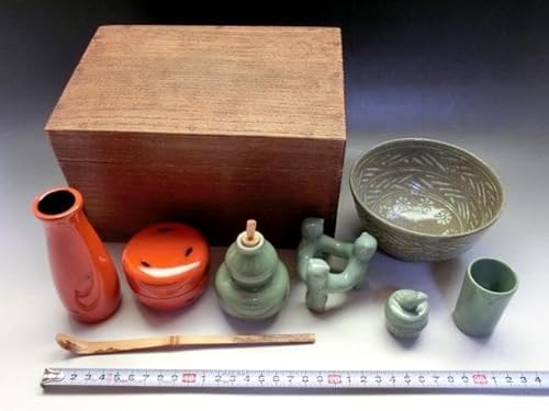茶箱セット■8点セット 京焼青磁茶入れ 香合 蓋置 朱塗り漆器棗 茶杓 時代物■